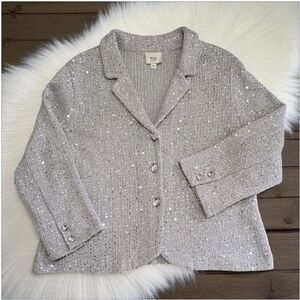 eci New York Gray Silver Sequin Knit Blazer Jacket with Jeweled Buttons Size XL
